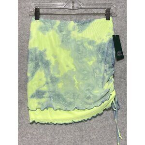 Wild Fable Mini Skirt XS Tie Dye Mesh Cover Up Swimwear Side Ruched Yellow Blue